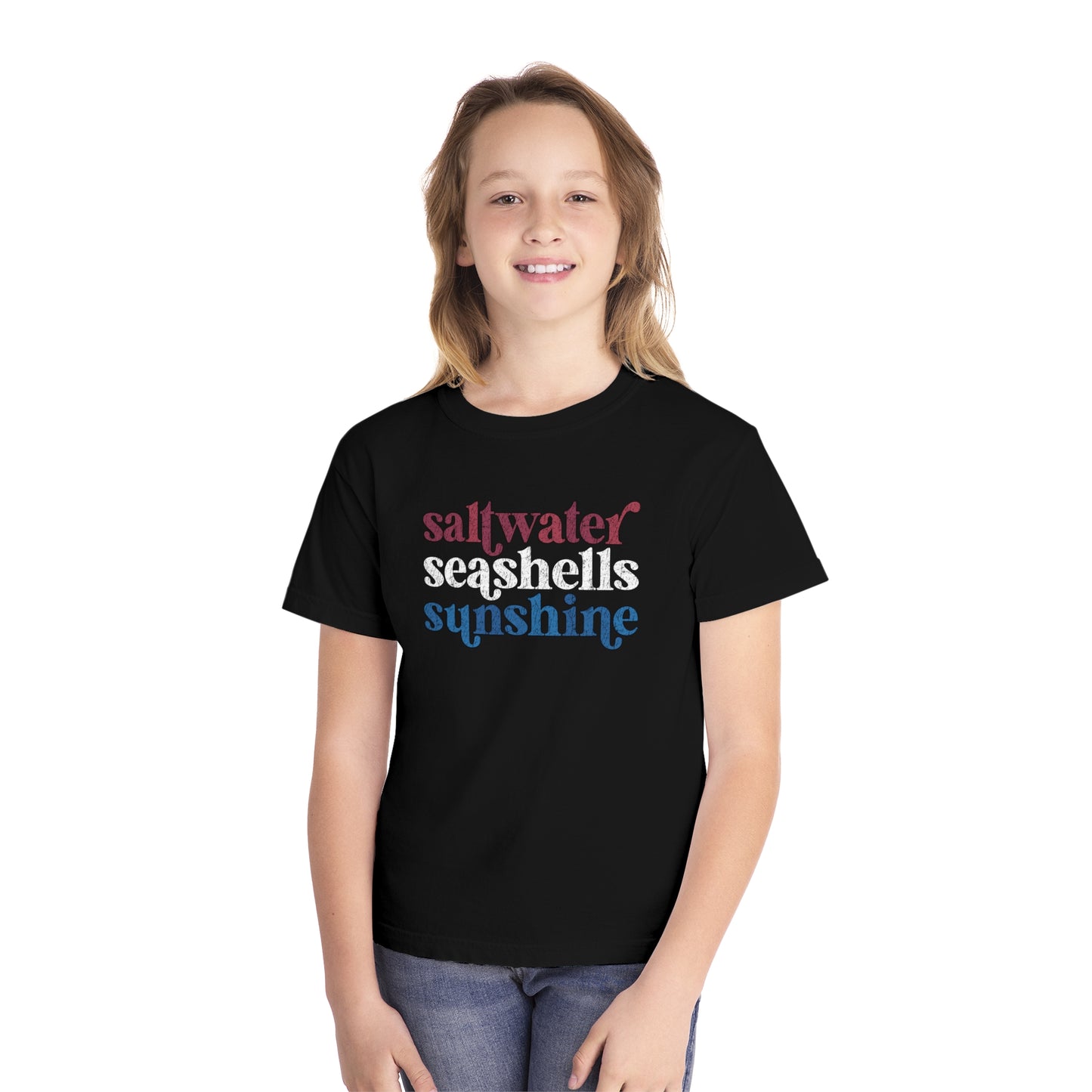Youth Red, White, Blue Saltwater, Seashells, Sunshine Comfort Colors Youth Tee