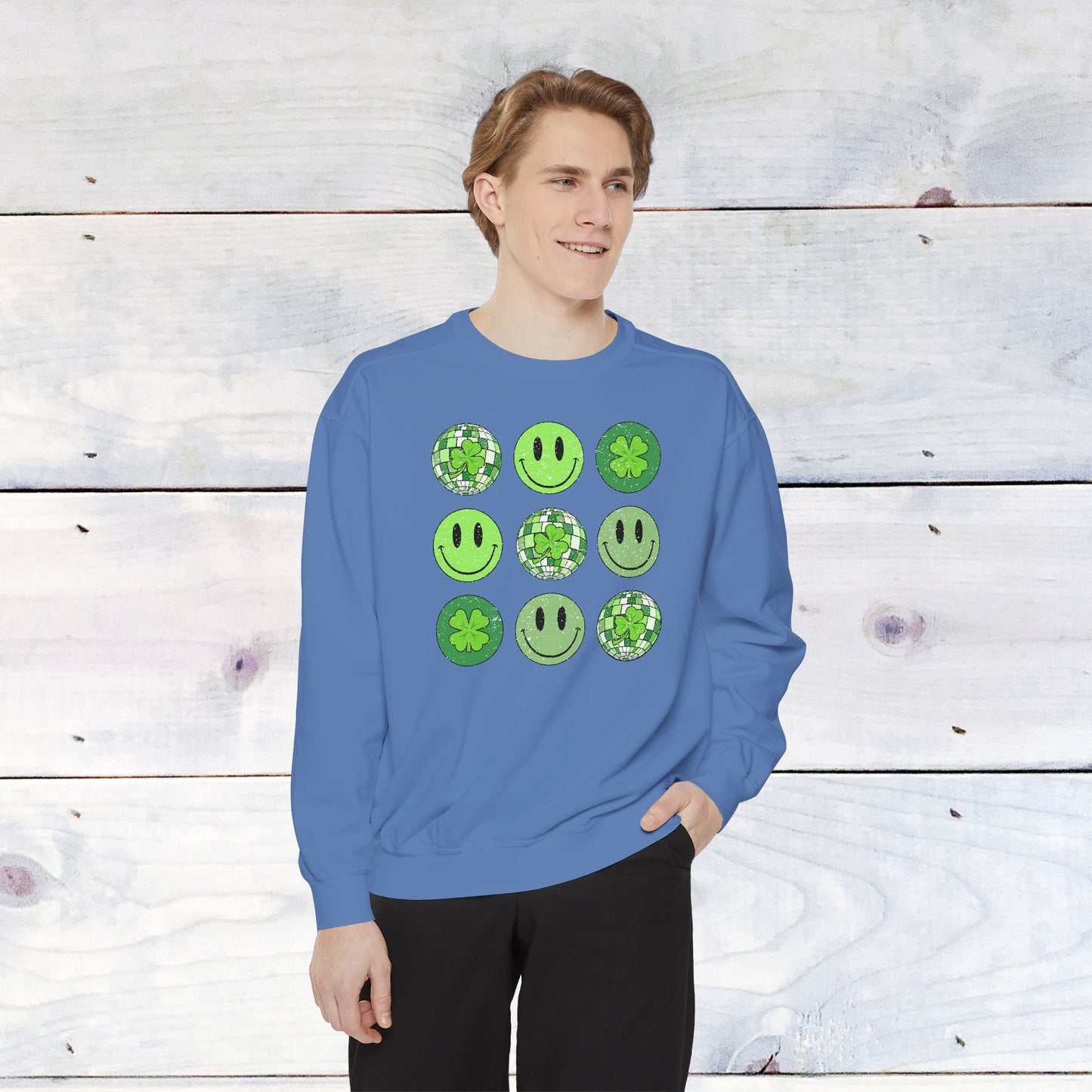 Smiley St Patty's Day Grid Comfort Colors Sweatshirt