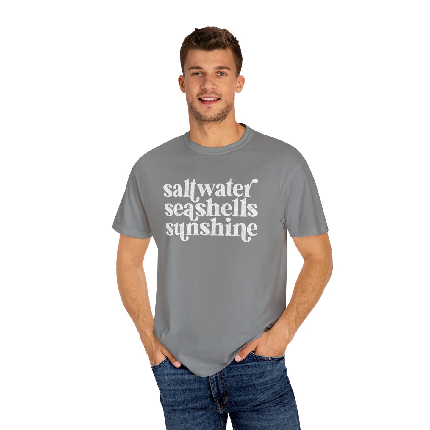 White Saltwater, Seashells, Sunshine Comfort Colors Tee