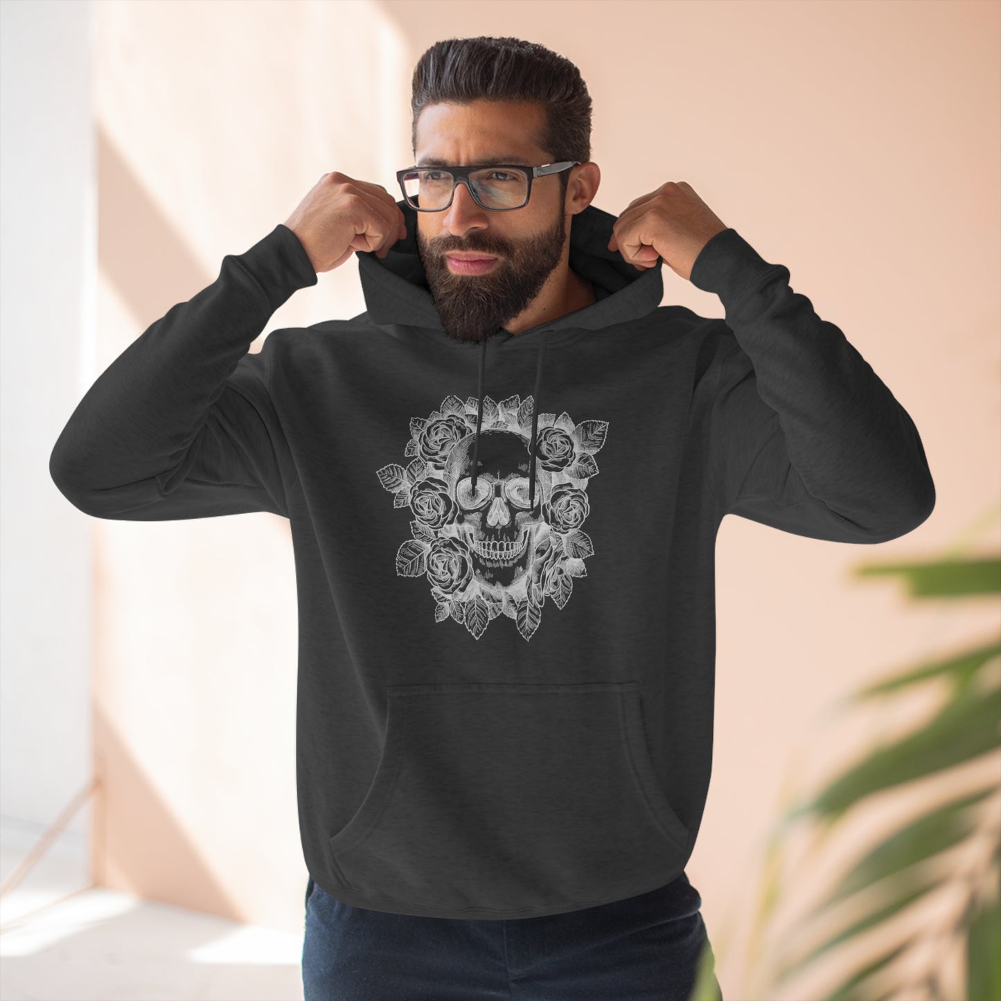 Skull with Rose Background - Unisex Premium Pullover Hoodie