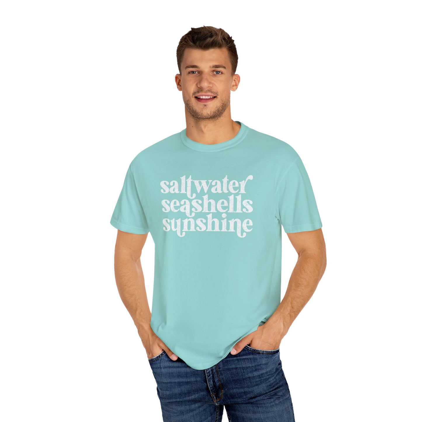 White Saltwater, Seashells, Sunshine Comfort Colors Tee
