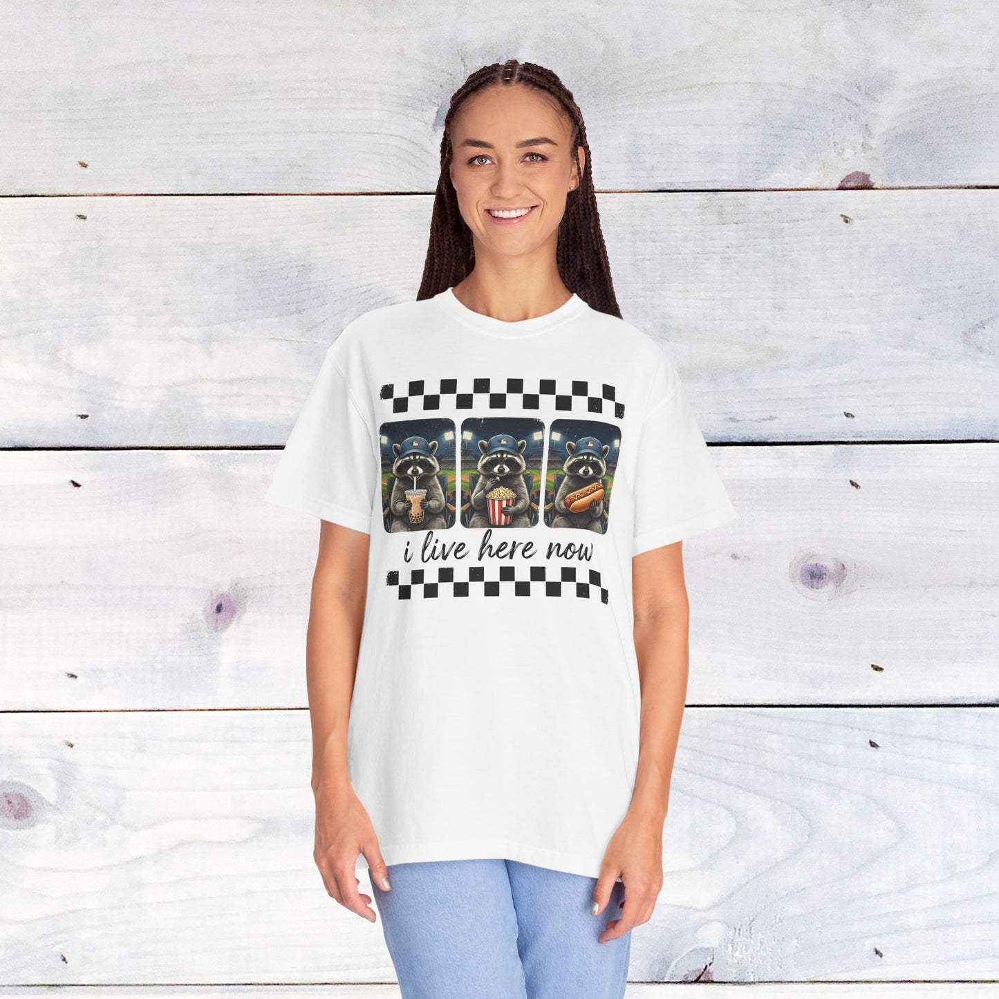 Baseball, I Live Here Now Raccoon Comfort Colors Unisex Shirt