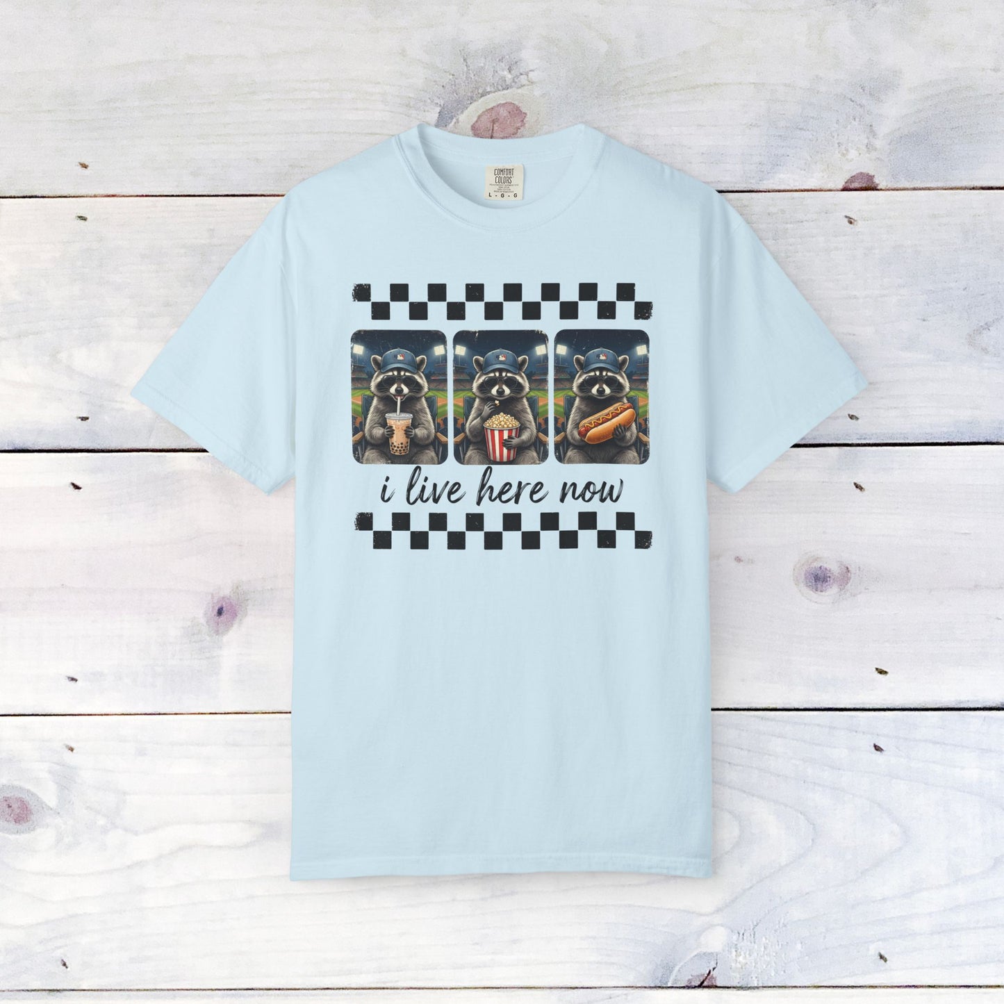 Baseball, I Live Here Now Raccoon Comfort Colors Unisex Shirt