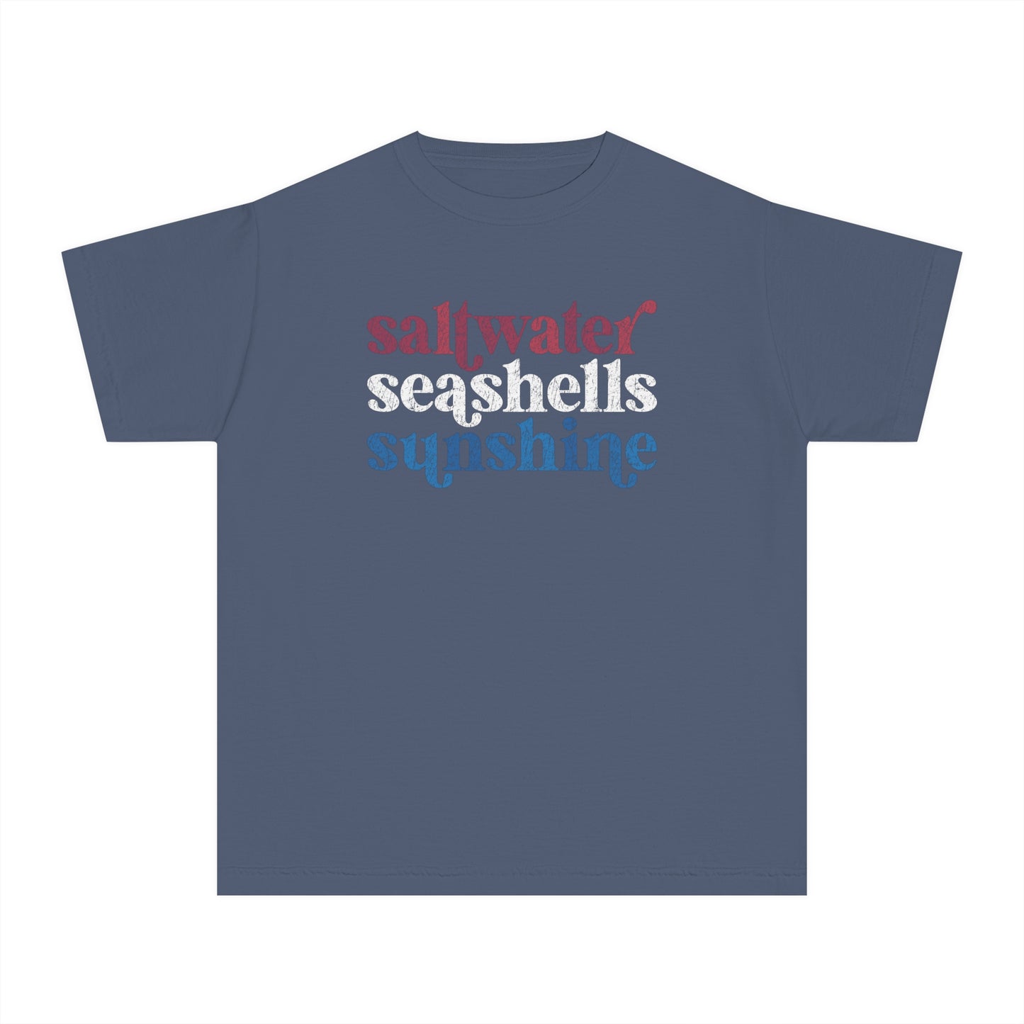 Youth Red, White, Blue Saltwater, Seashells, Sunshine Comfort Colors Youth Tee