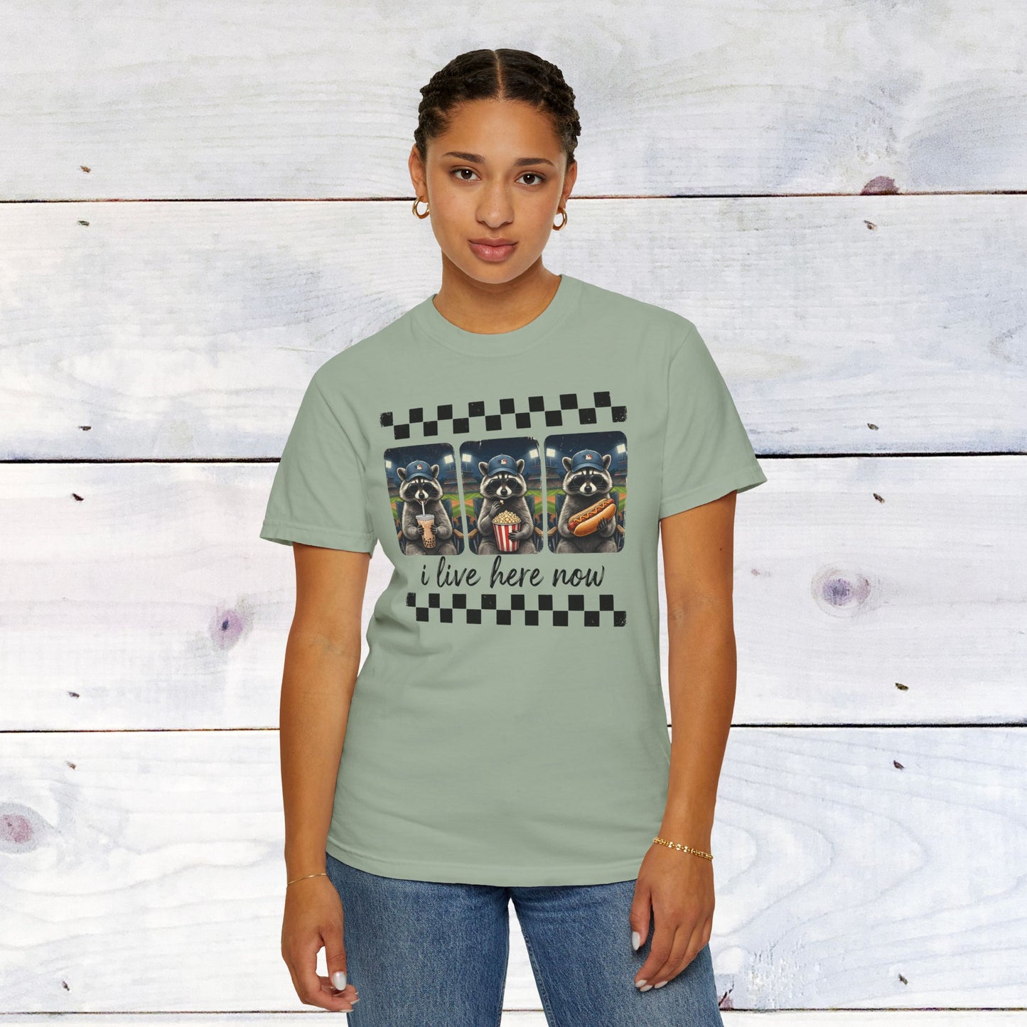 Baseball, I Live Here Now Raccoon Comfort Colors Unisex Shirt