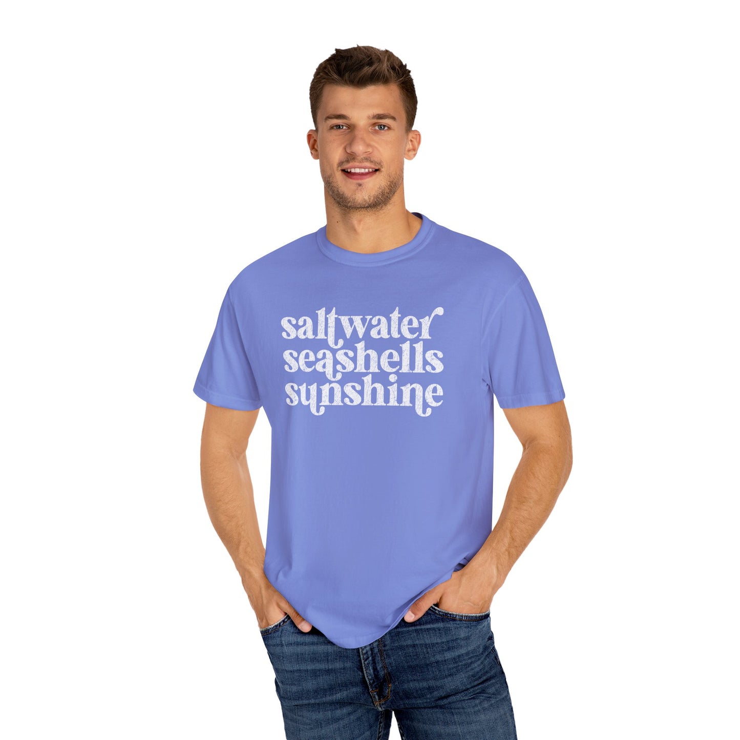 White Saltwater, Seashells, Sunshine Comfort Colors Tee