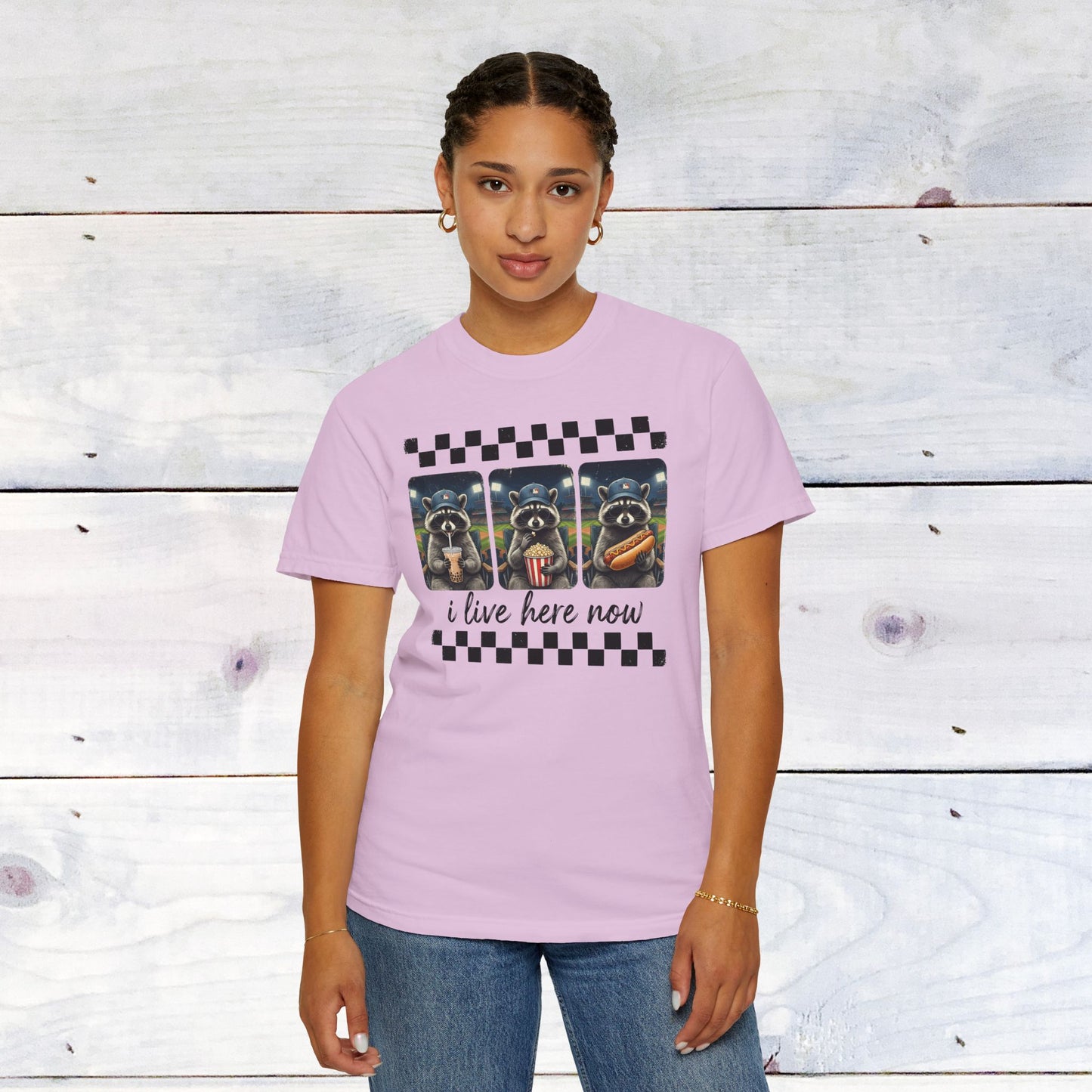 Baseball, I Live Here Now Raccoon Comfort Colors Unisex Shirt