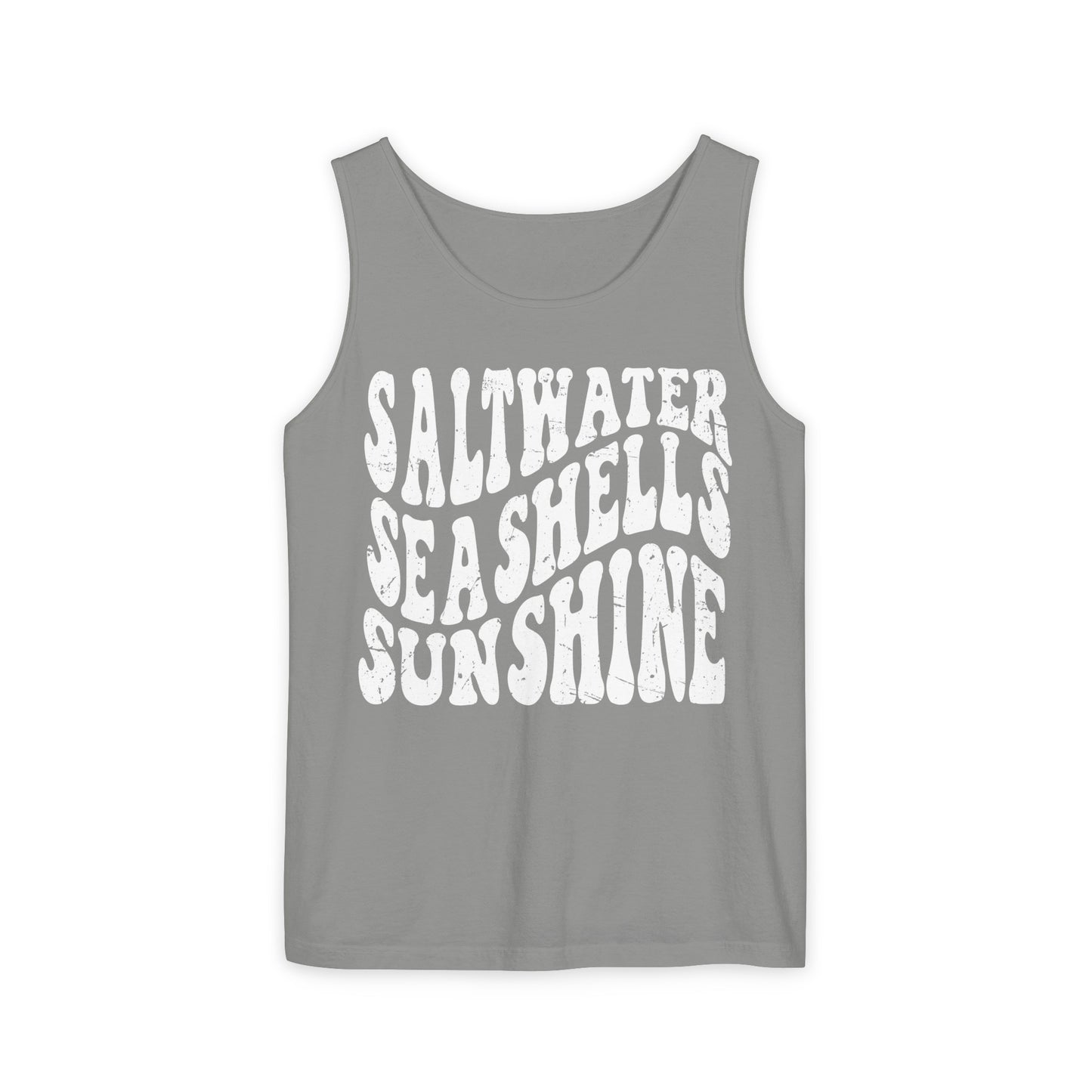 Saltwater, Seashells, Sunshine - White Text, Comfort Colors Tank