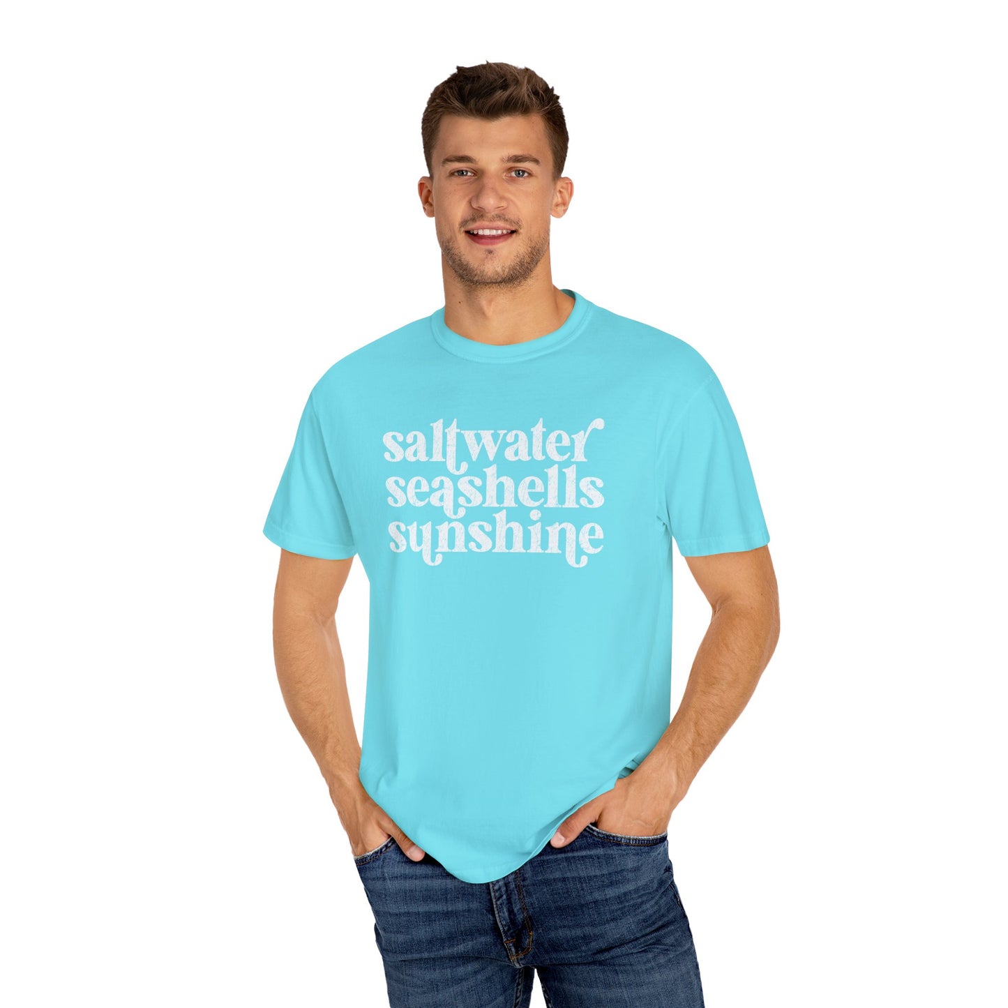 White Saltwater, Seashells, Sunshine Comfort Colors Tee