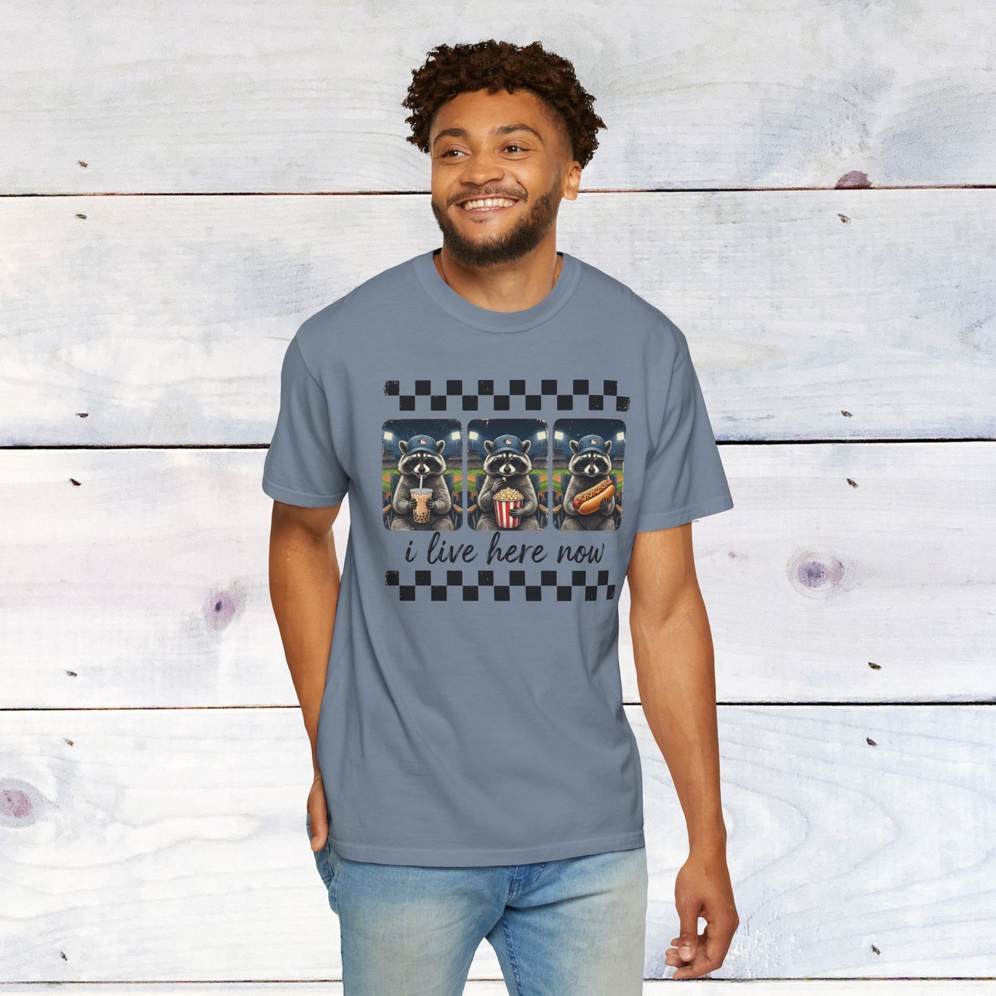 Baseball, I Live Here Now Raccoon Comfort Colors Unisex Shirt