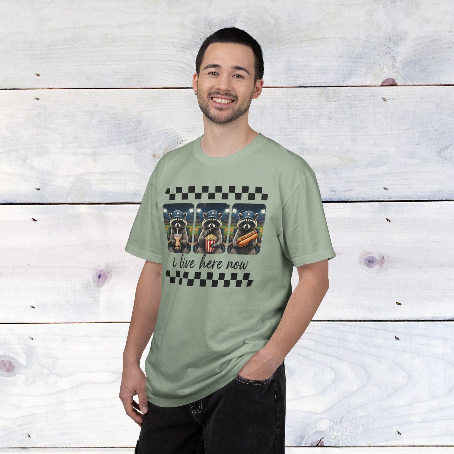 Baseball, I Live Here Now Raccoon Comfort Colors Unisex Shirt