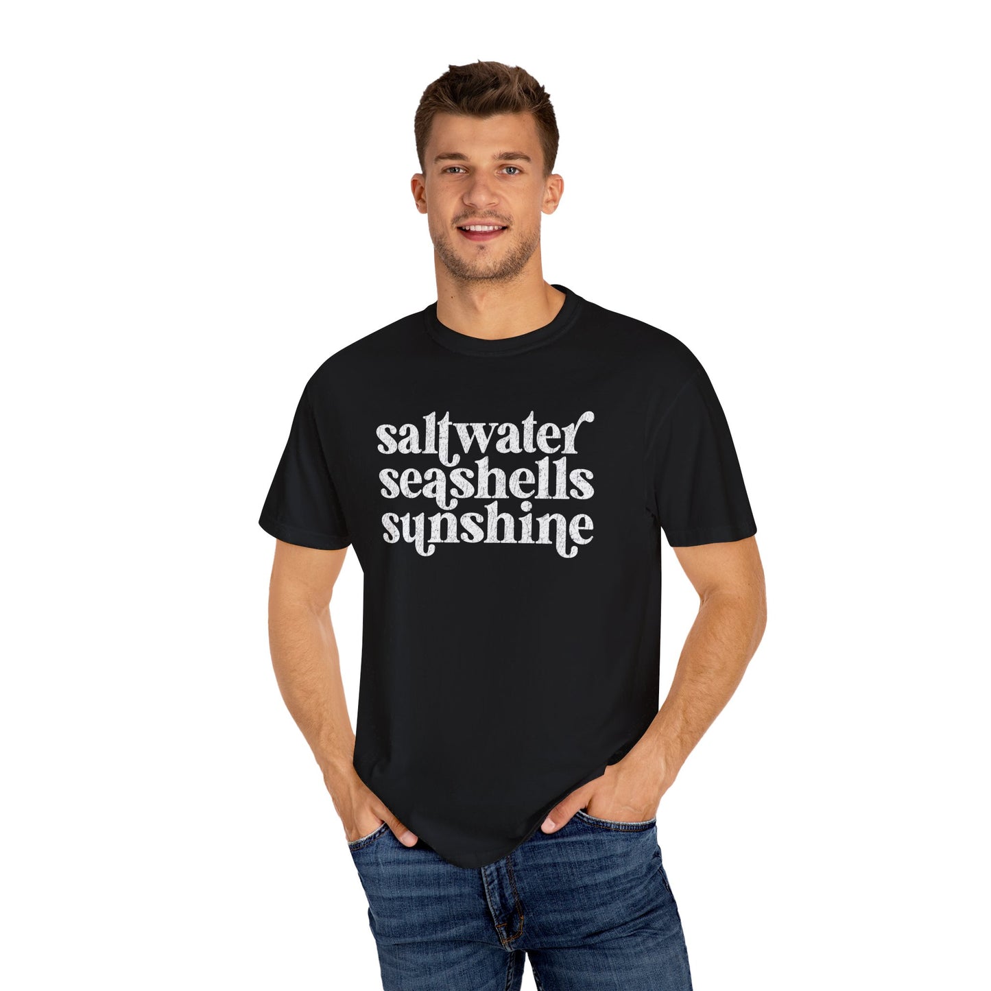 White Saltwater, Seashells, Sunshine Comfort Colors Tee