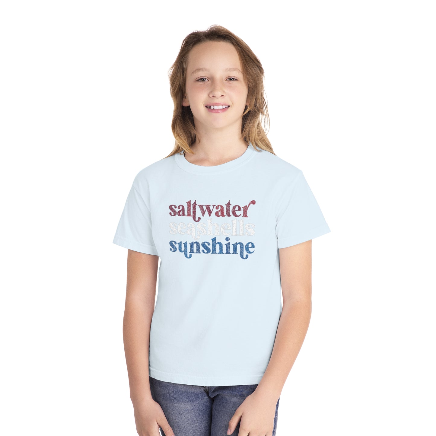 Youth Red, White, Blue Saltwater, Seashells, Sunshine Comfort Colors Youth Tee
