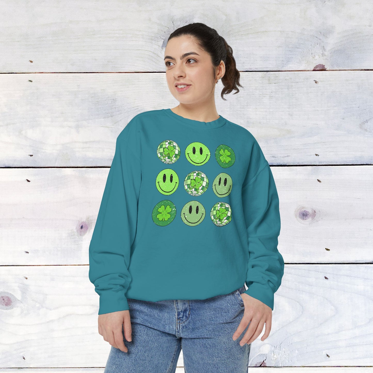 Smiley St Patty's Day Grid Comfort Colors Sweatshirt