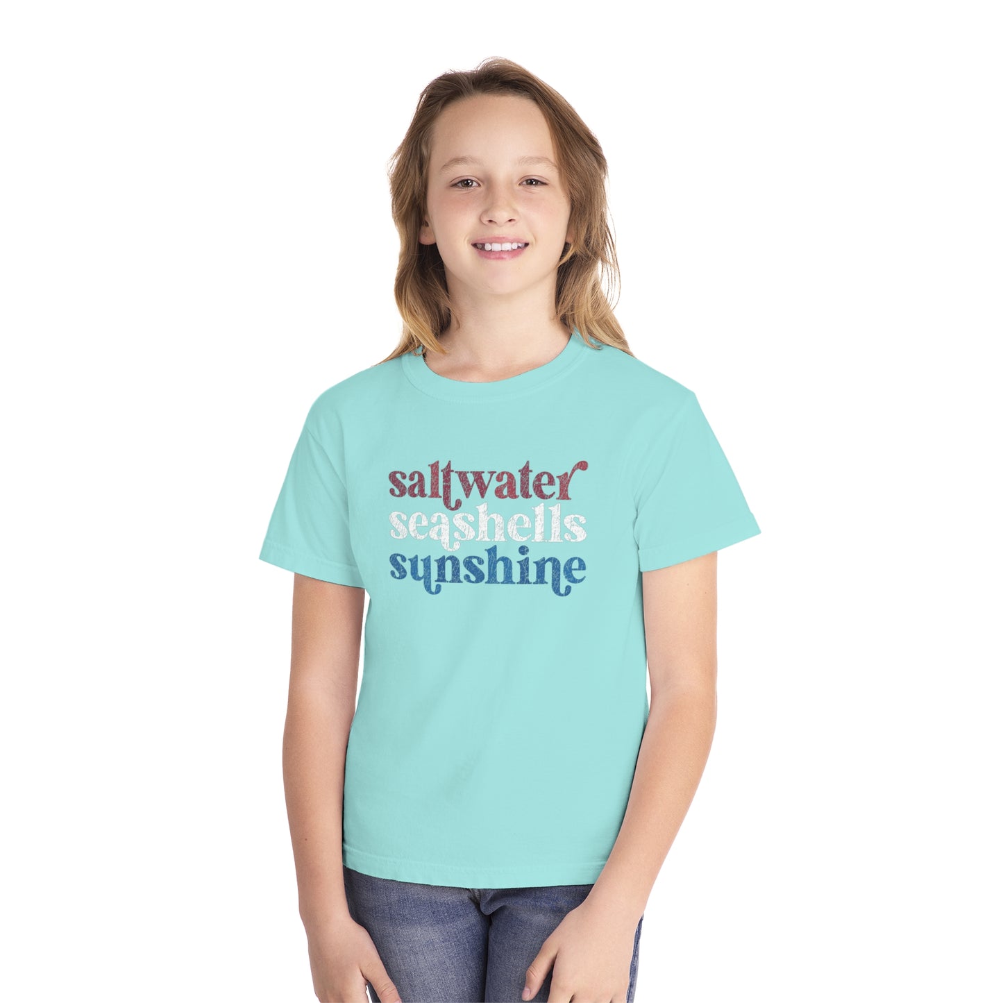 Youth Red, White, Blue Saltwater, Seashells, Sunshine Comfort Colors Youth Tee