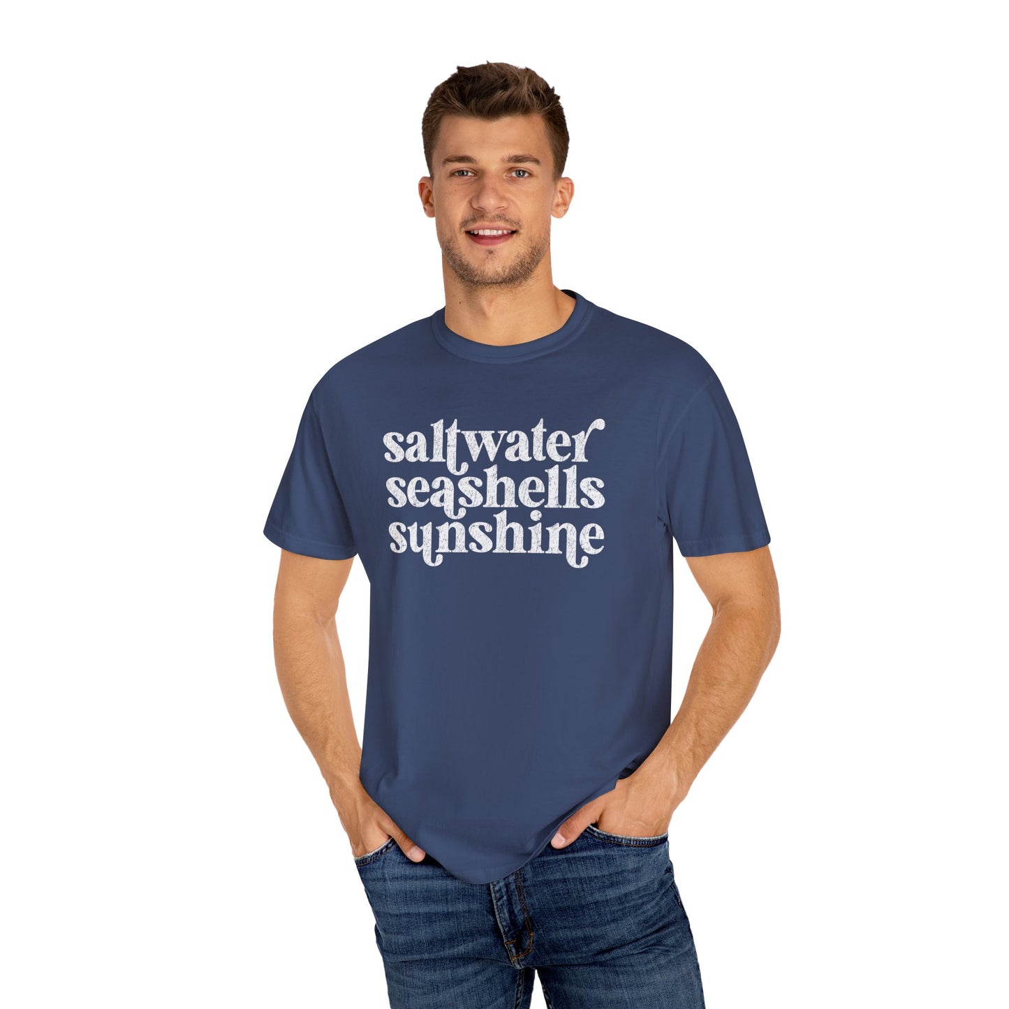 White Saltwater, Seashells, Sunshine Comfort Colors Tee