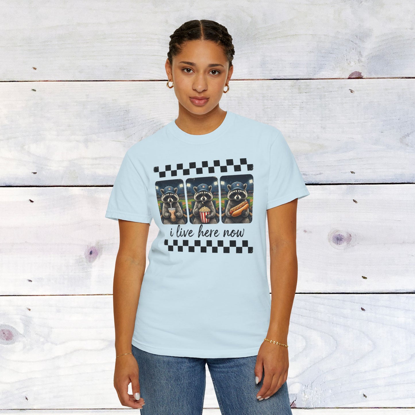 Baseball, I Live Here Now Raccoon Comfort Colors Unisex Shirt