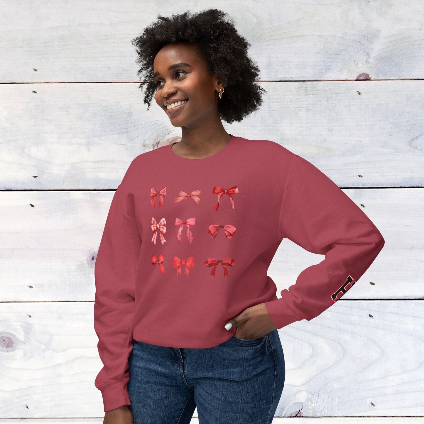 Fun Heath Bow Sweater Lower Sleeve "H" on Left  - Comfort Colors Sweater
