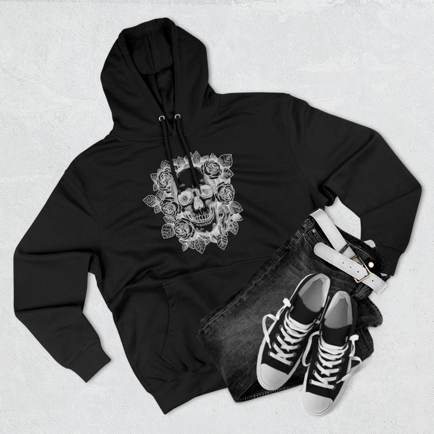 Skull with Rose Background - Unisex Premium Pullover Hoodie