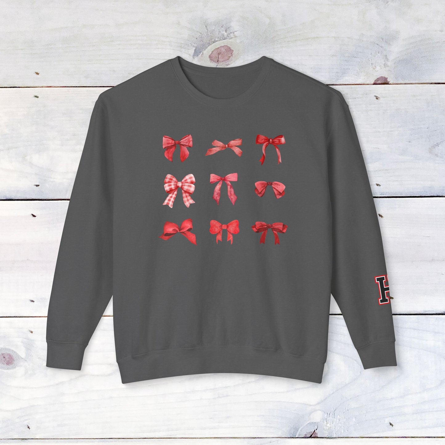 Fun Heath Bow Sweater Lower Sleeve "H" on Left  - Comfort Colors Sweater