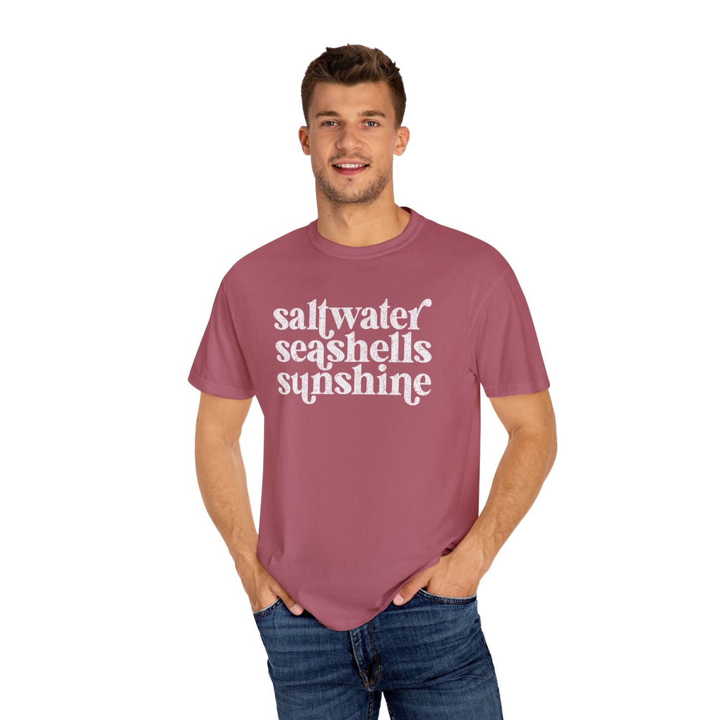White Saltwater, Seashells, Sunshine Comfort Colors Tee