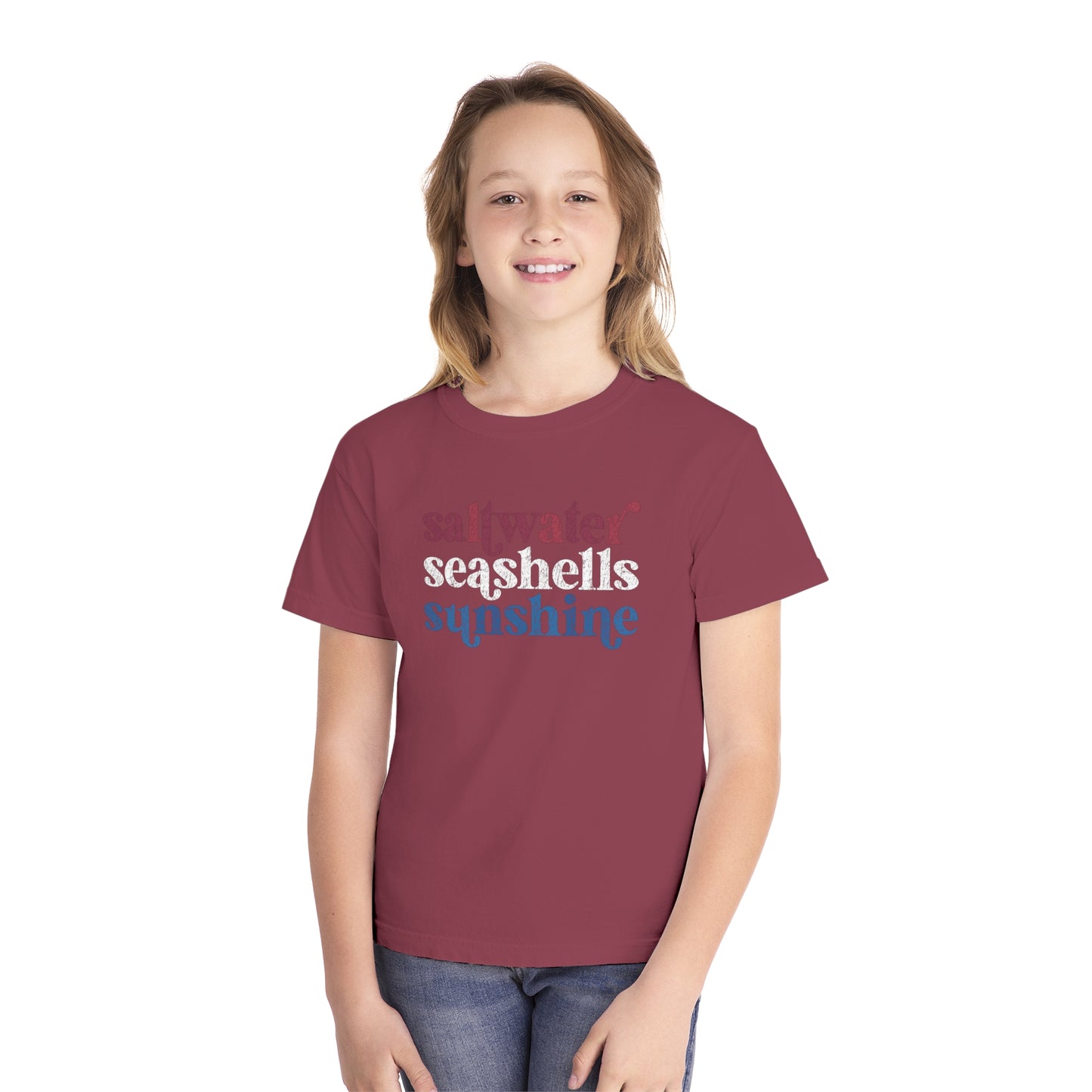 Youth Red, White, Blue Saltwater, Seashells, Sunshine Comfort Colors Youth Tee