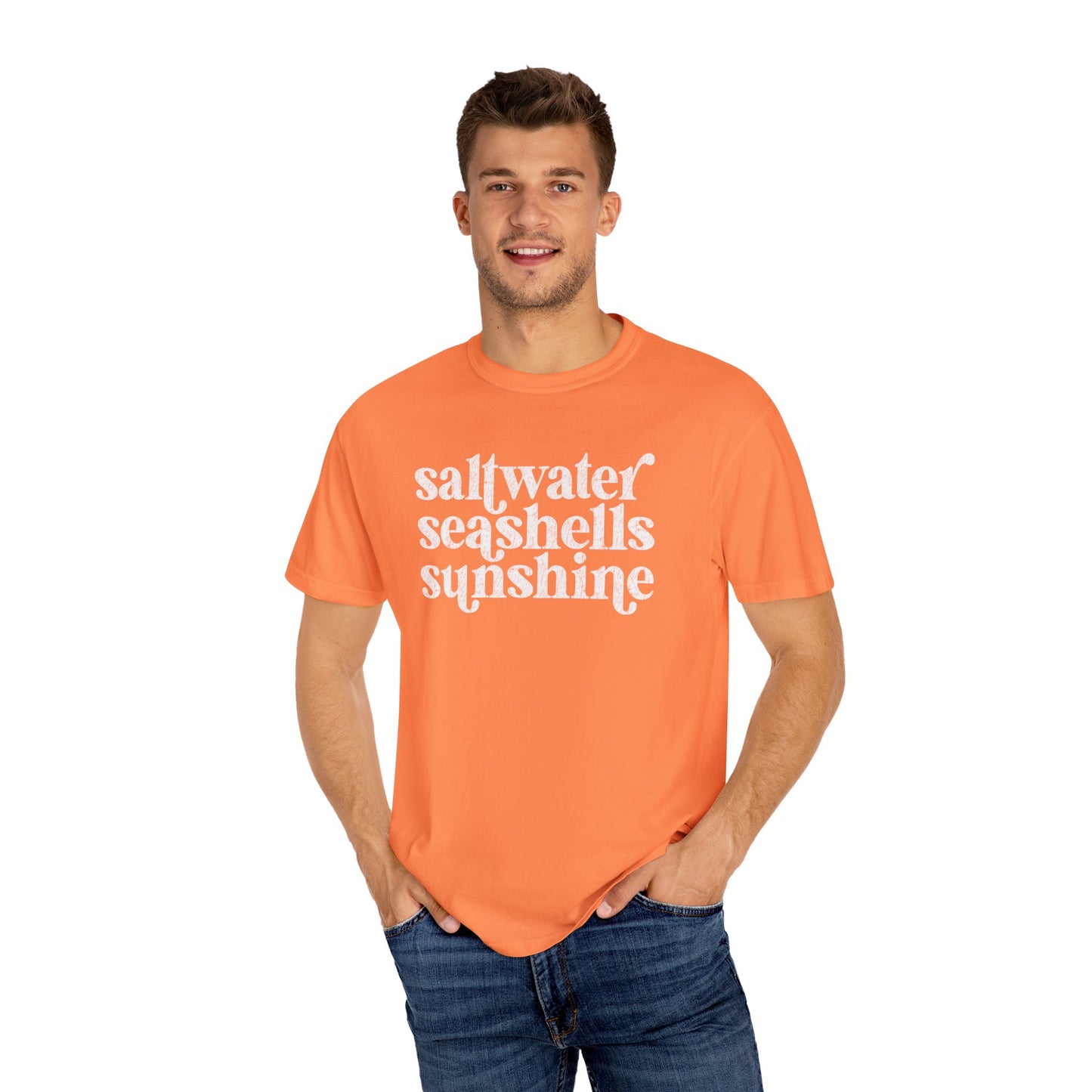 White Saltwater, Seashells, Sunshine Comfort Colors Tee