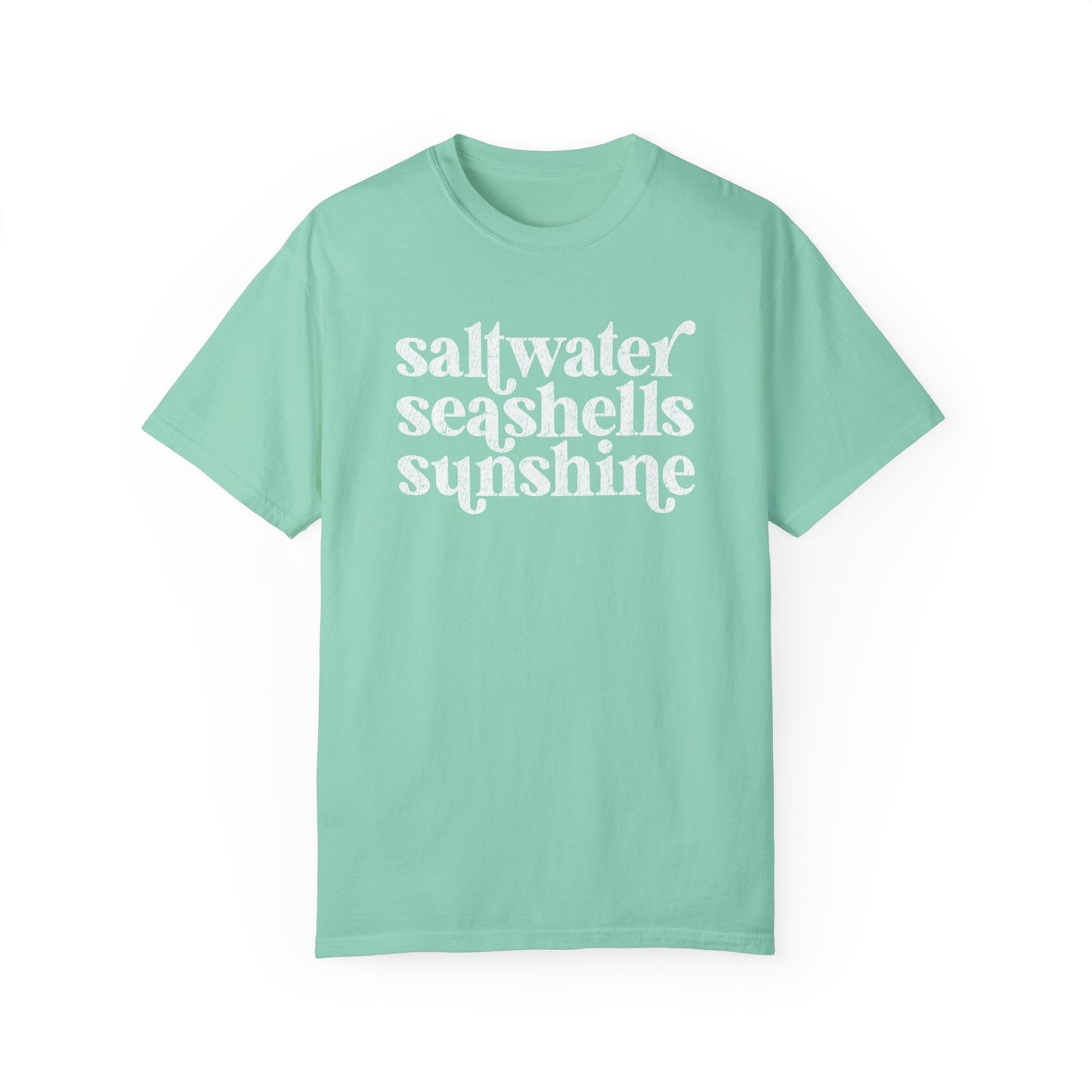 White Saltwater, Seashells, Sunshine Comfort Colors Tee
