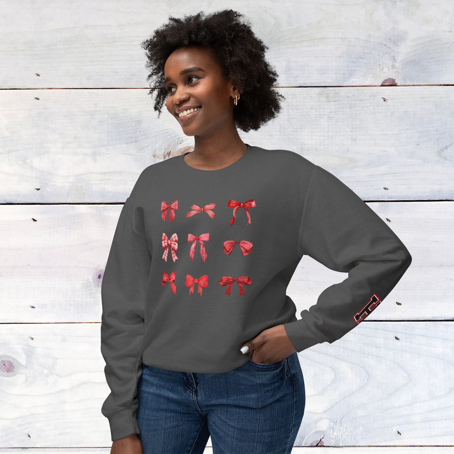 Fun Heath Bow Sweater Lower Sleeve "H" on Left  - Comfort Colors Sweater