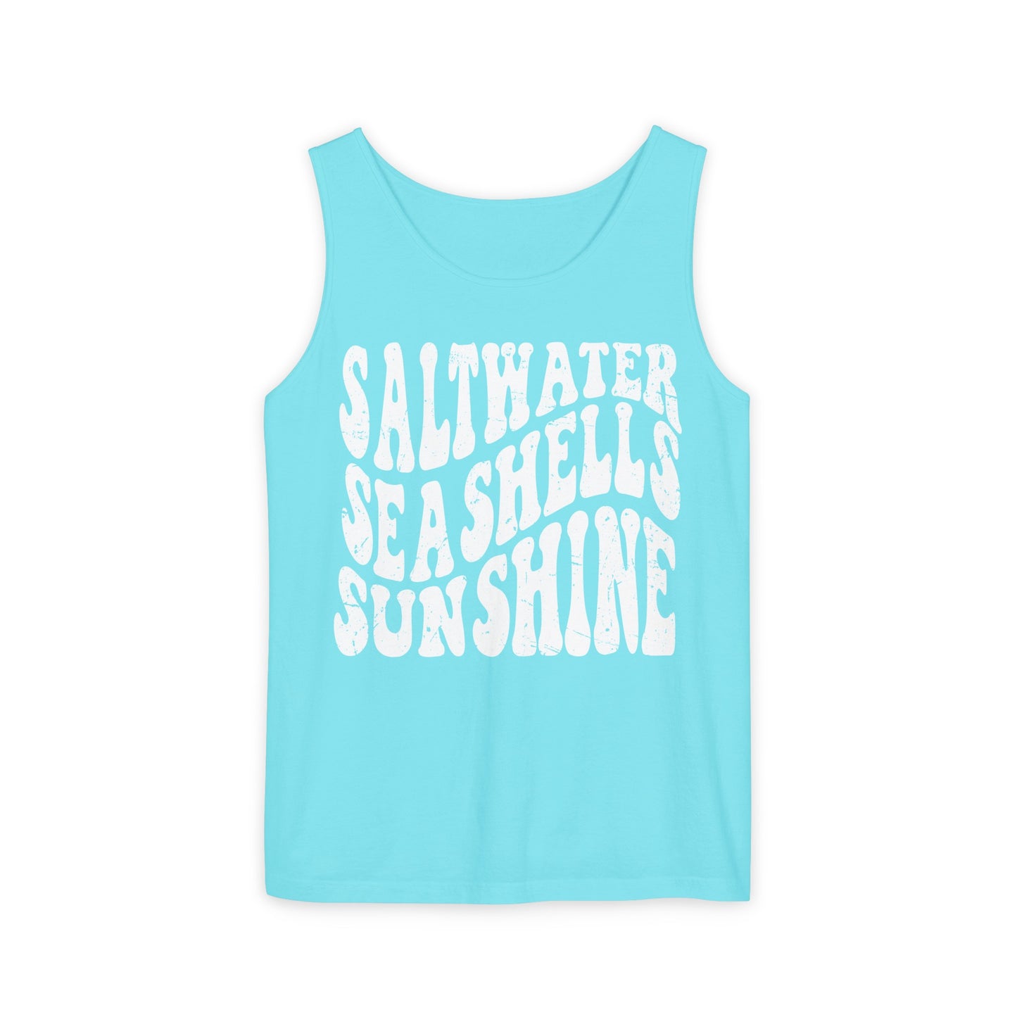Saltwater, Seashells, Sunshine - White Text, Comfort Colors Tank