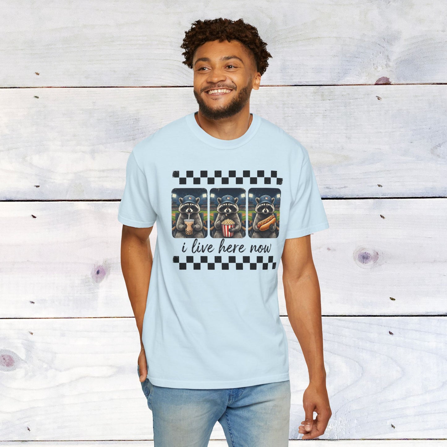 Baseball, I Live Here Now Raccoon Comfort Colors Unisex Shirt