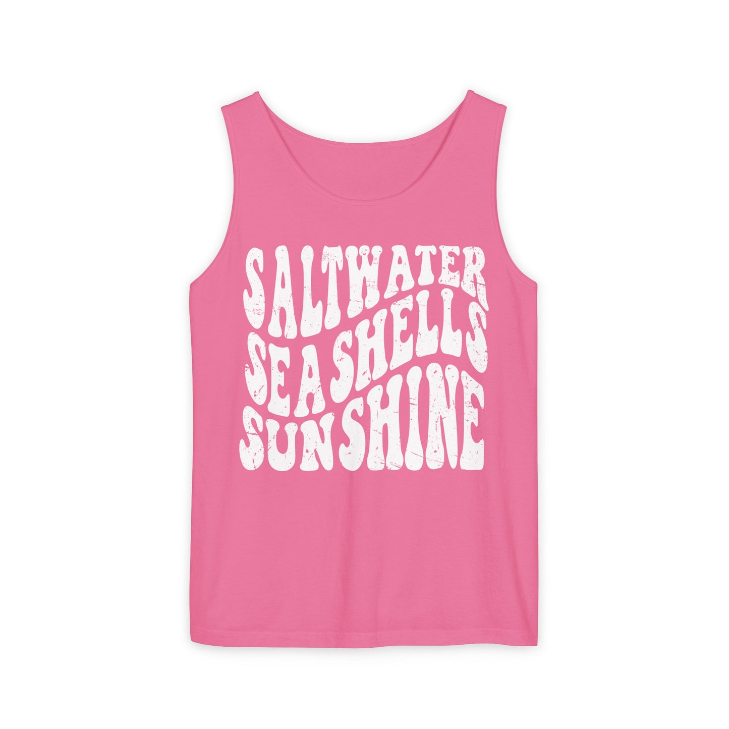 Saltwater, Seashells, Sunshine - White Text, Comfort Colors Tank