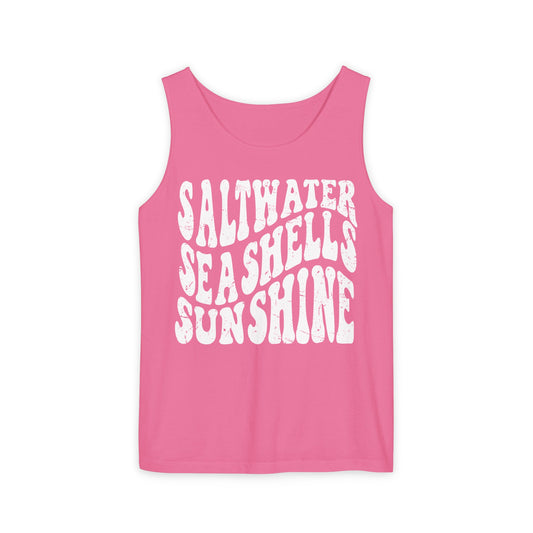 Saltwater, Seashells, Sunshine - White Text, Comfort Colors Tank
