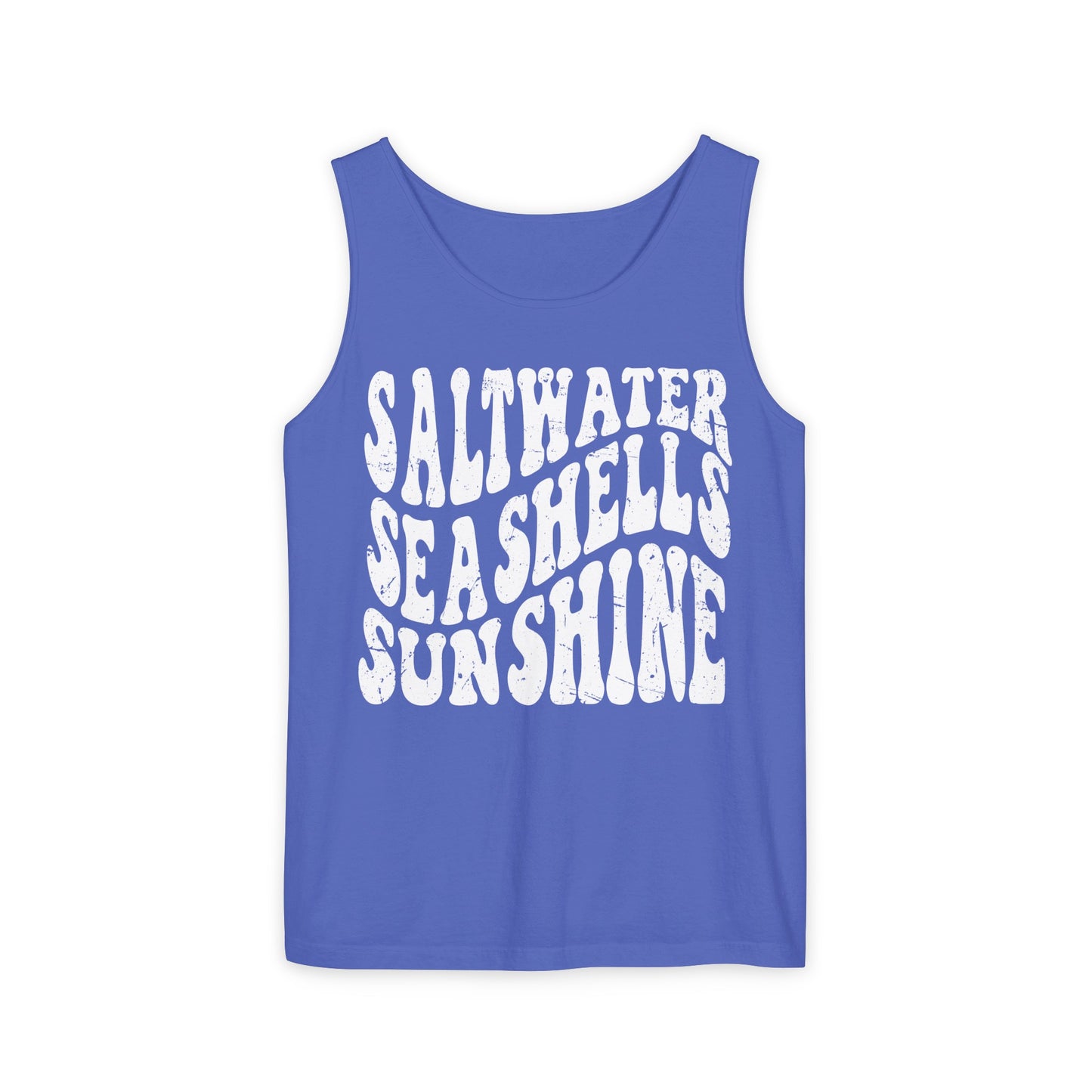 Saltwater, Seashells, Sunshine - White Text, Comfort Colors Tank