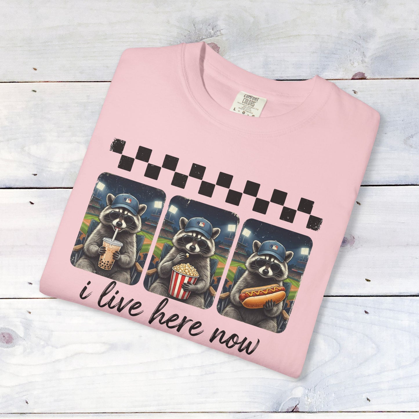 Baseball, I Live Here Now Raccoon Comfort Colors Unisex Shirt