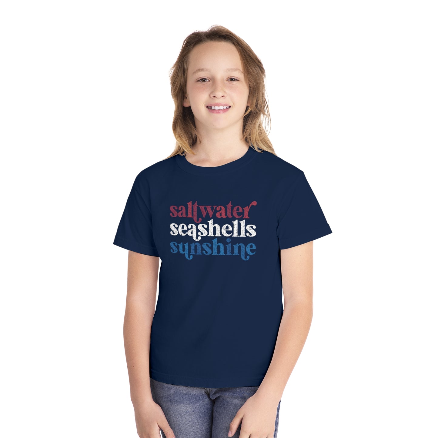 Youth Red, White, Blue Saltwater, Seashells, Sunshine Comfort Colors Youth Tee