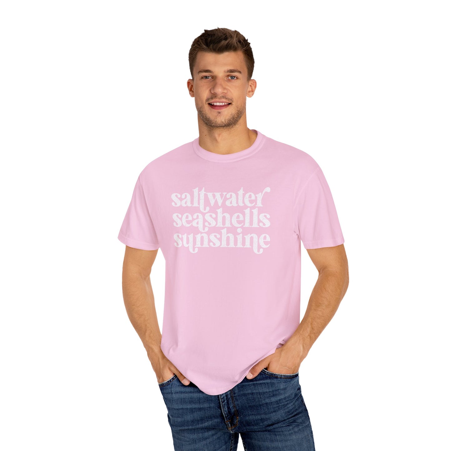 White Saltwater, Seashells, Sunshine Comfort Colors Tee