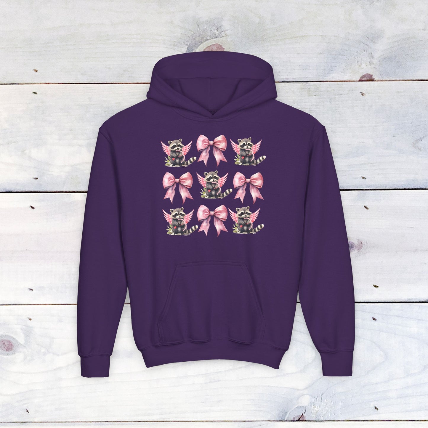 Raccoon Bow Grid Valentine Youth Hoodie