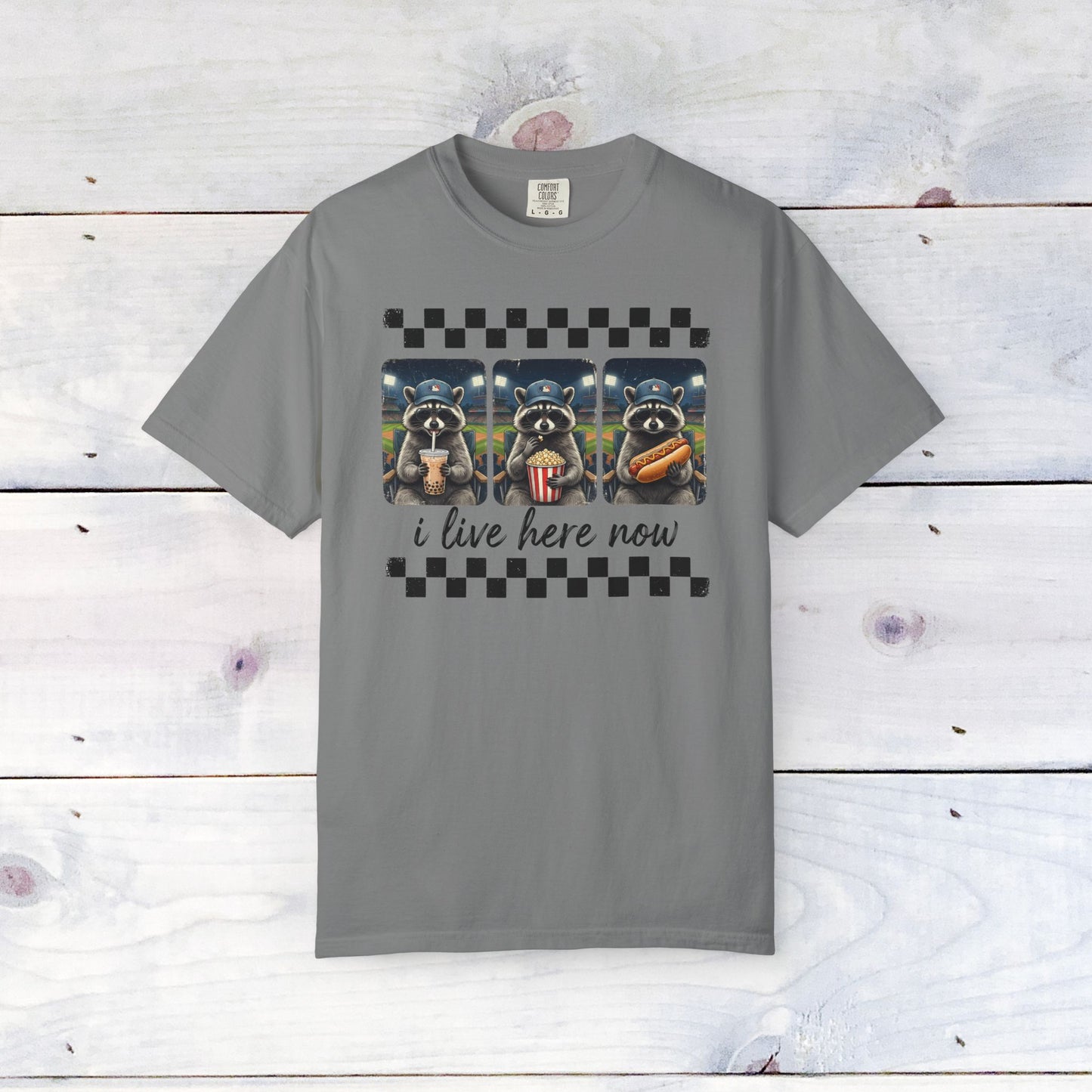 Baseball, I Live Here Now Raccoon Comfort Colors Unisex Shirt