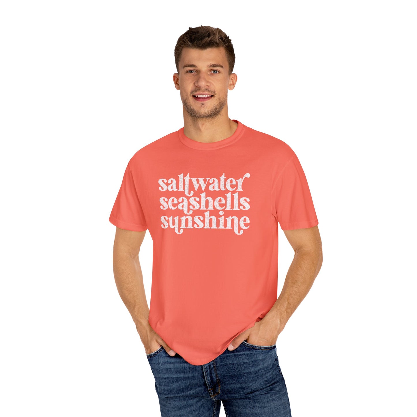 White Saltwater, Seashells, Sunshine Comfort Colors Tee
