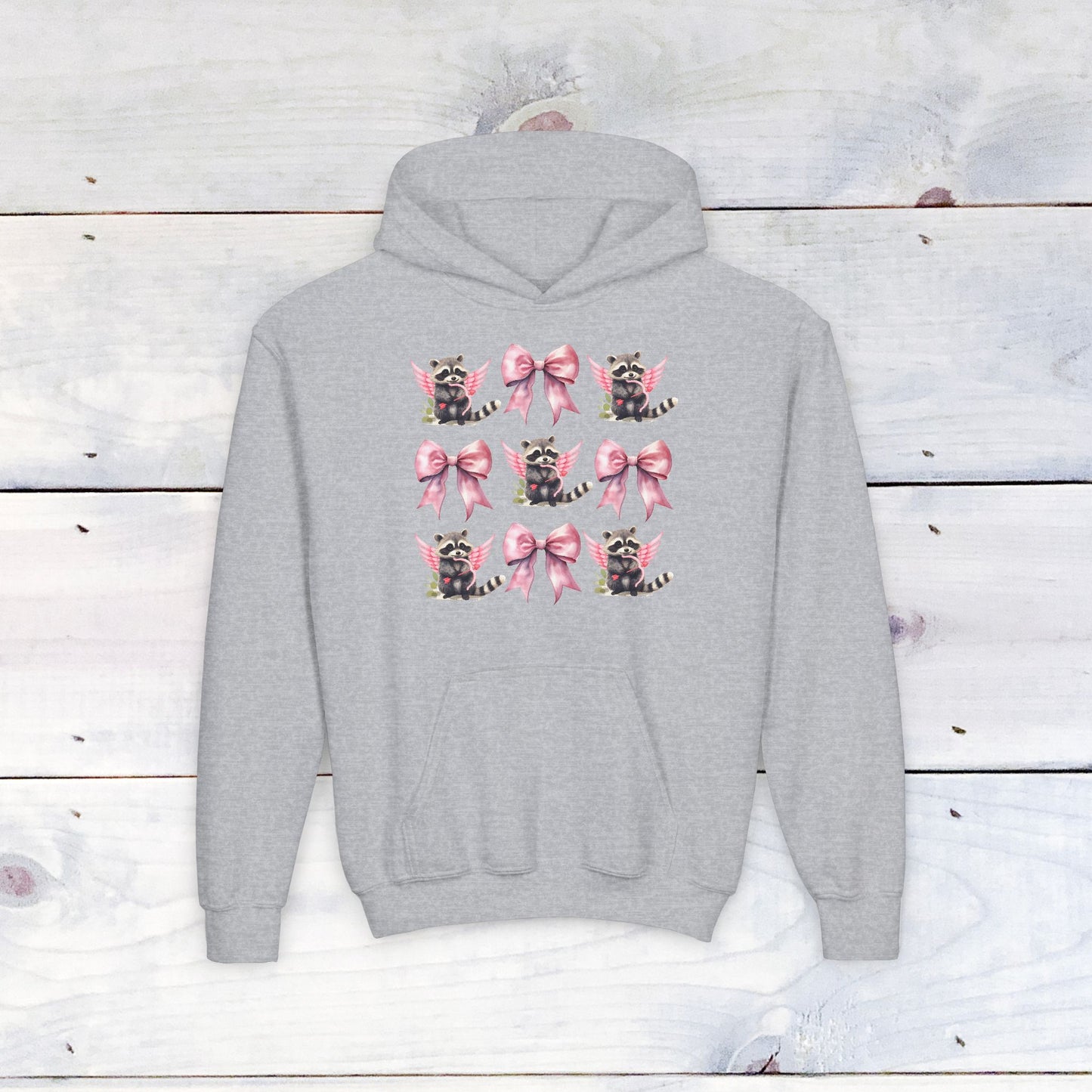 Raccoon Bow Grid Valentine Youth Hoodie