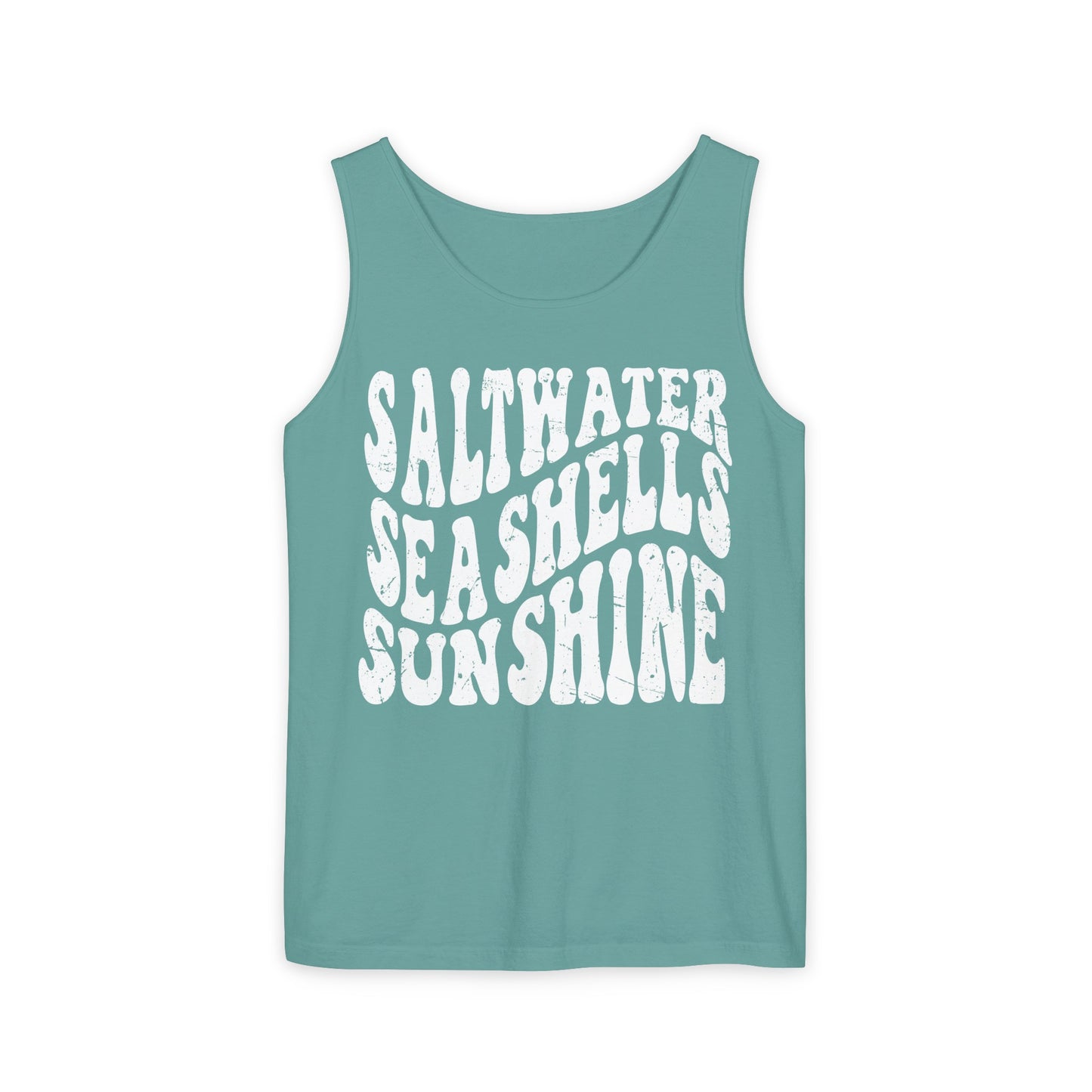 Saltwater, Seashells, Sunshine - White Text, Comfort Colors Tank