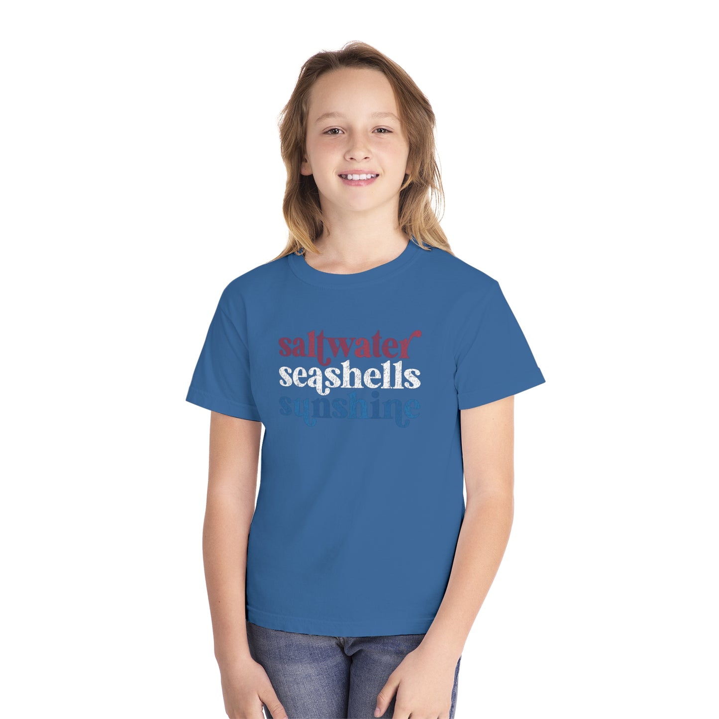 Youth Red, White, Blue Saltwater, Seashells, Sunshine Comfort Colors Youth Tee
