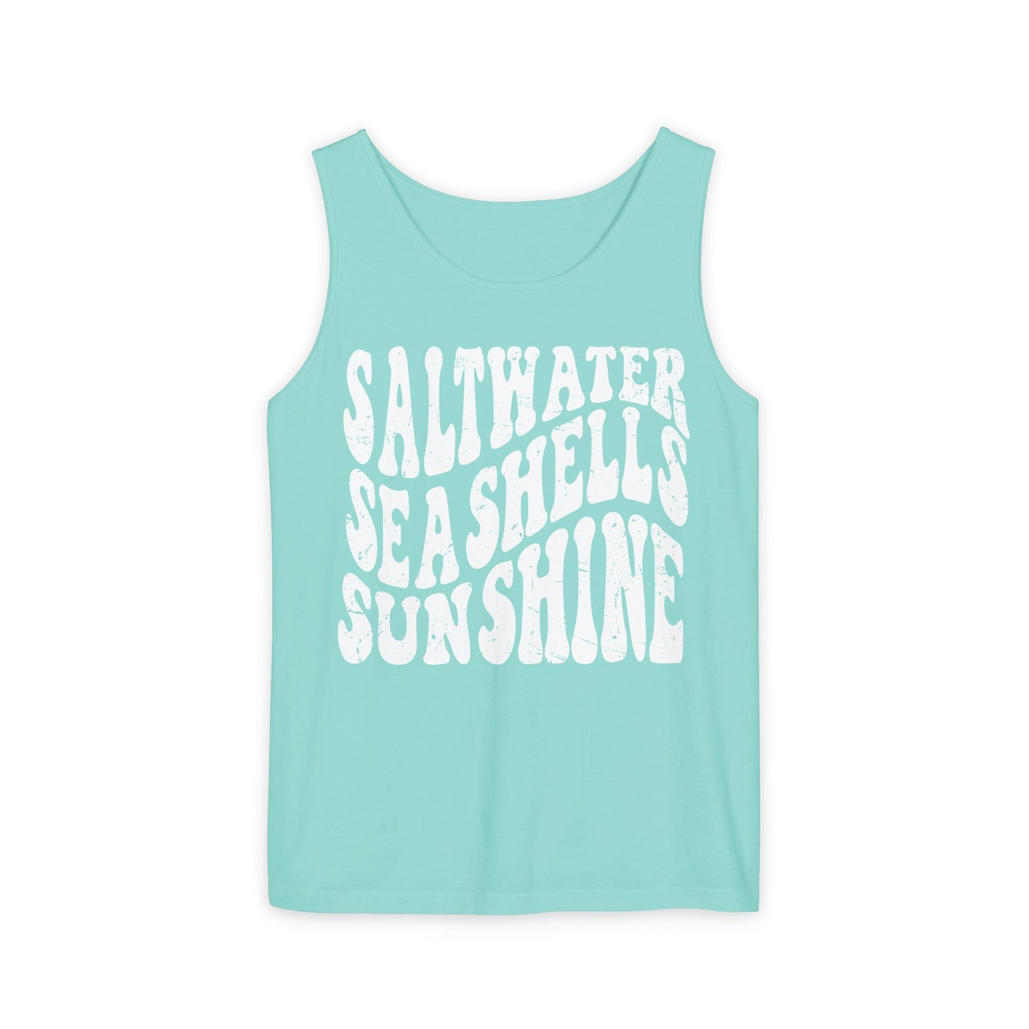 Saltwater, Seashells, Sunshine - White Text, Comfort Colors Tank