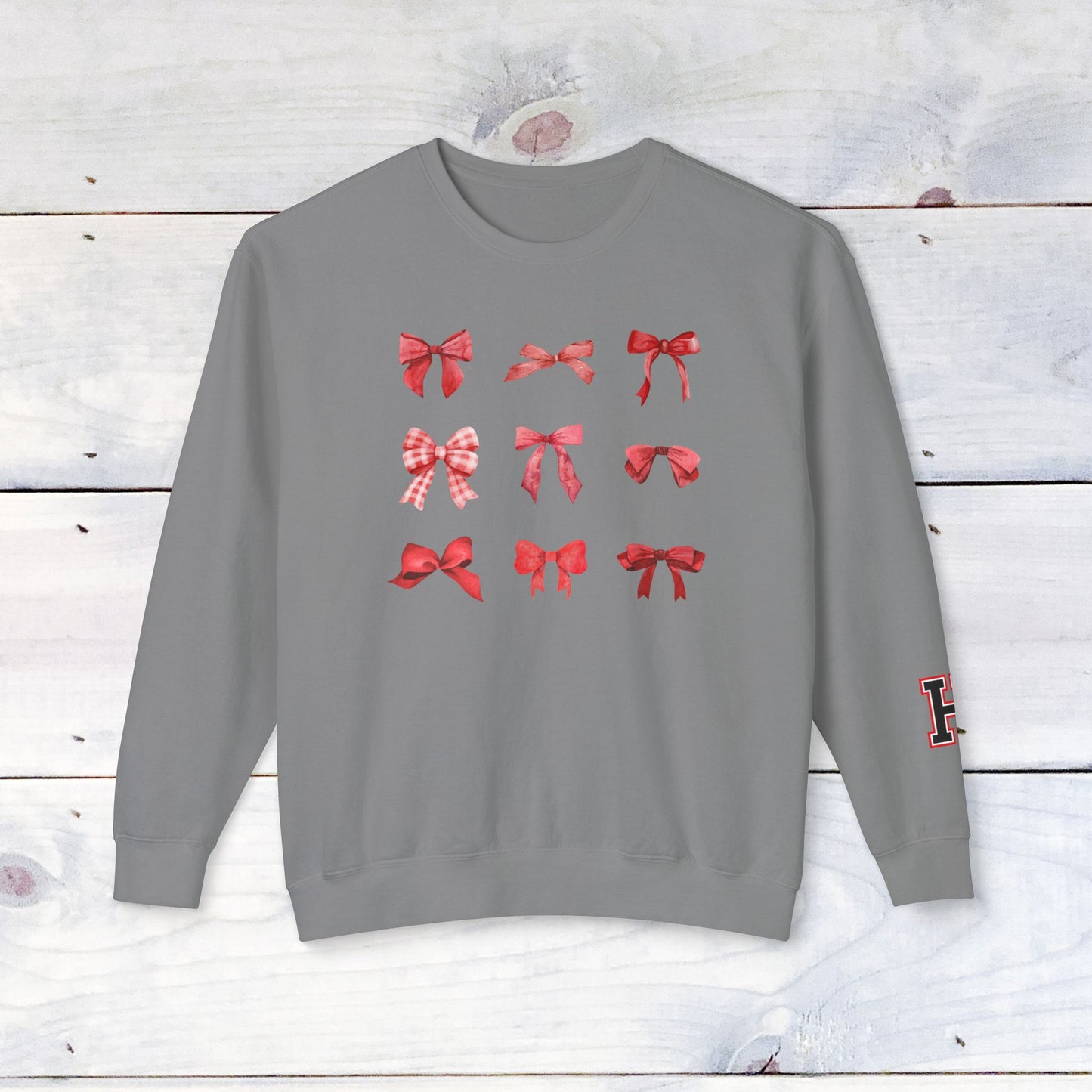 Fun Heath Bow Sweater Lower Sleeve "H" on Left  - Comfort Colors Sweater