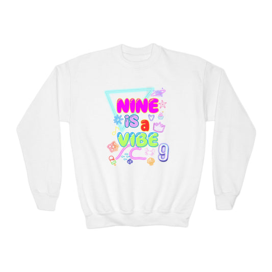 Youth Crewneck Sweatshirt with 'NINE is a VIBE' Design, Cozy Kids Gift, Fun Casual Wear, Birthday Apparel, Trendy Youth Fashion, [...]