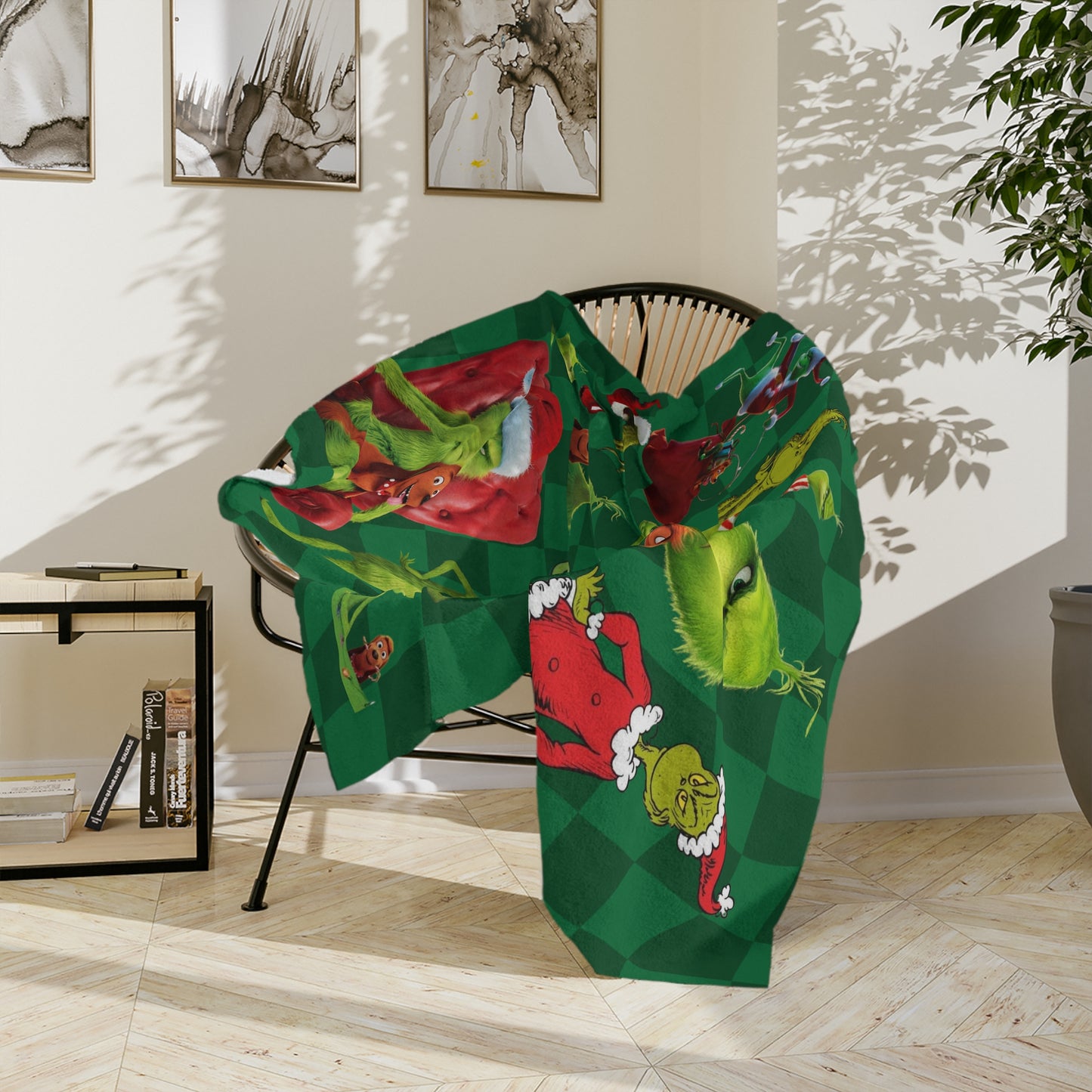 The Grinch Blanket with plaid background